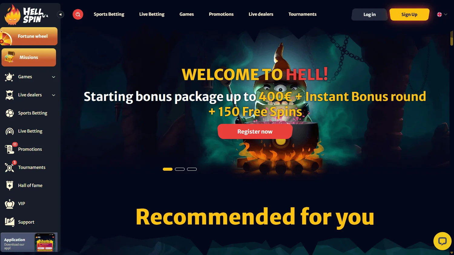Hell Spin Casino desktop home with casino offers and game access