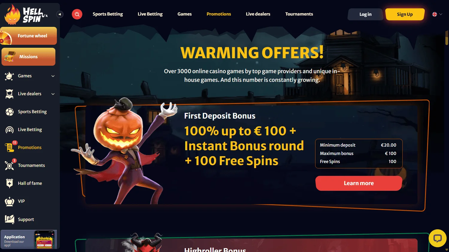 Hell Spin Casino desktop promotions area with bonuses and reward events