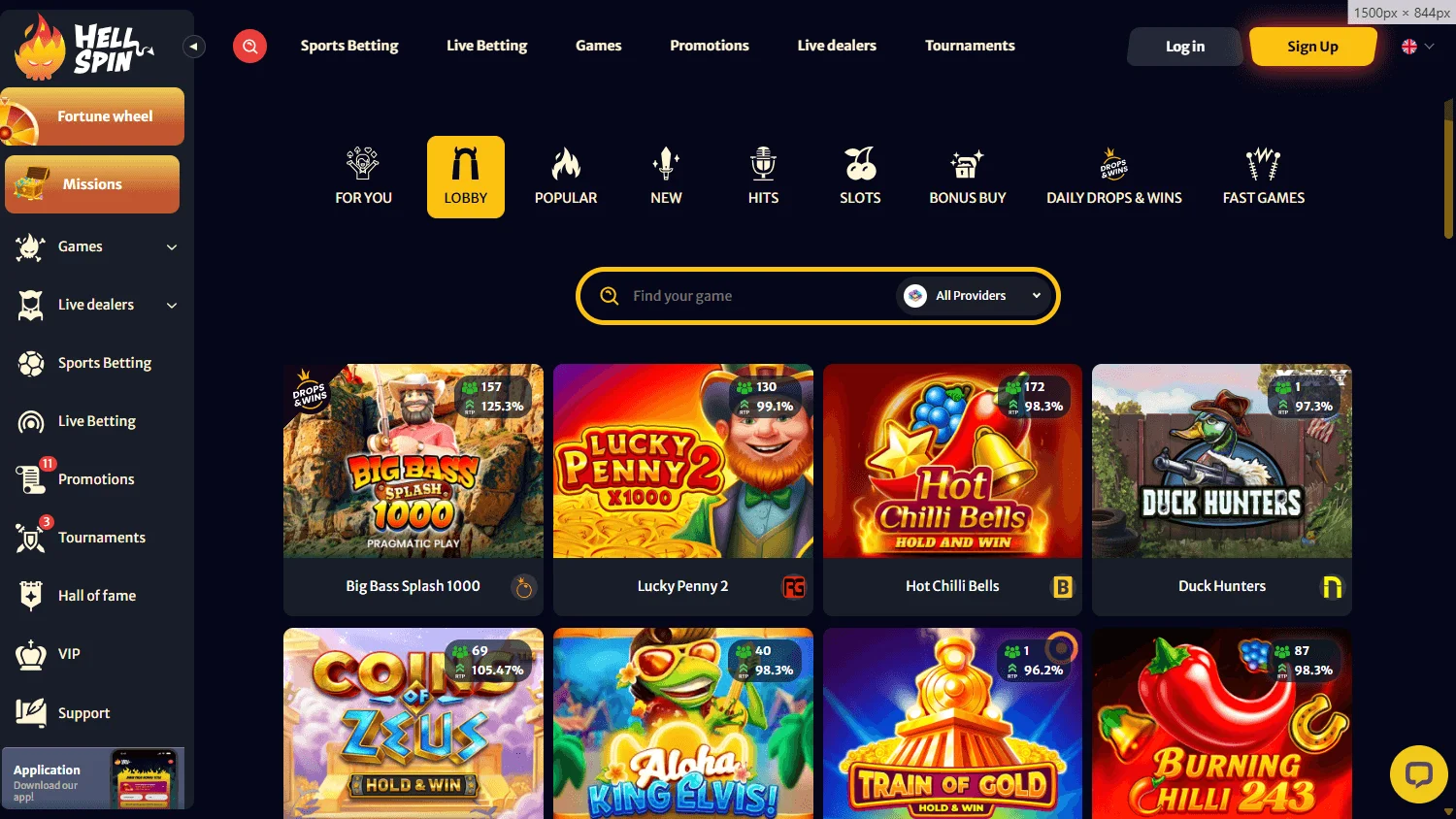 Hell Spin Casino desktop games area with pokies and casino categories