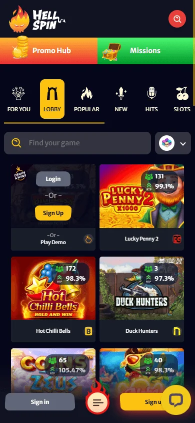 Hell Spin Casino mobile games area with pokies and live casino options