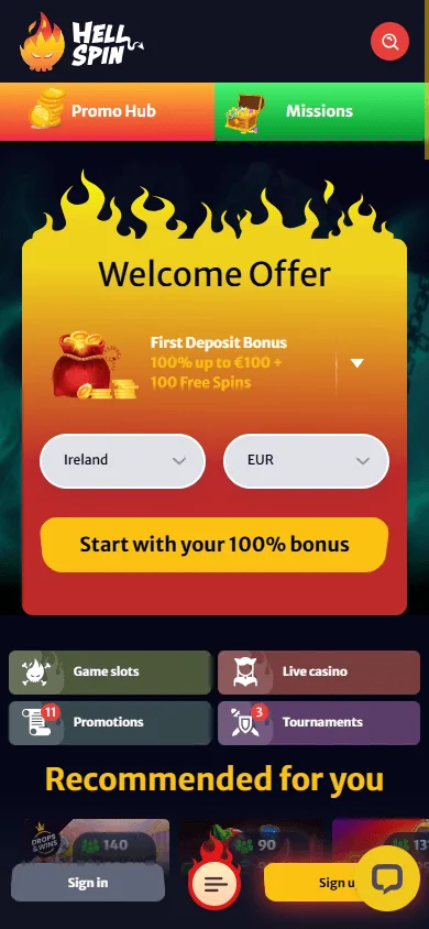 Hell Spin Casino mobile home with account and casino access