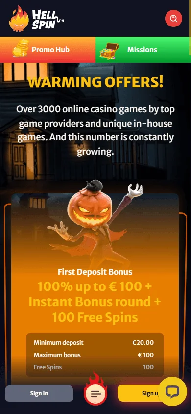 Hell Spin Casino mobile promotions area with free spins and bonus offers